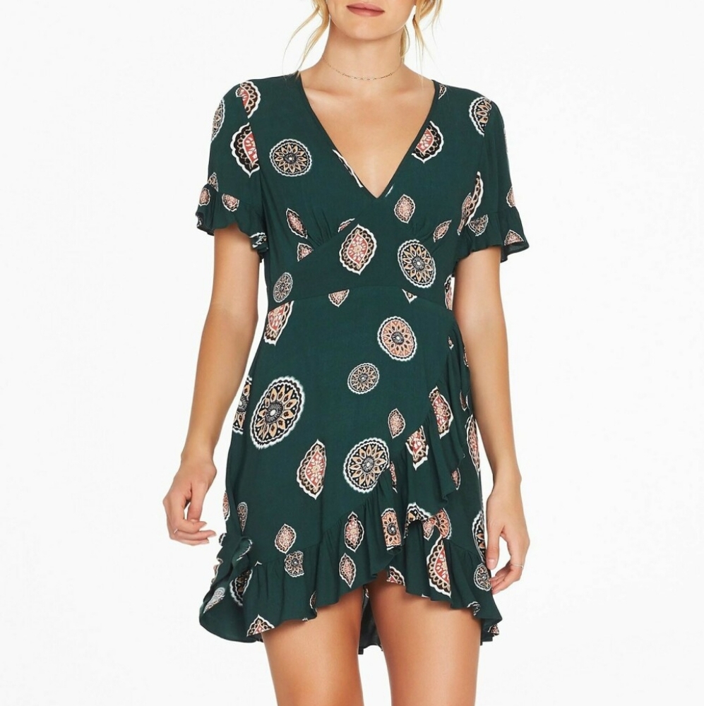 TIGERLILY Matisse Emerald Green Ruffle Wrap Mini Dress - Picture 3 of 16